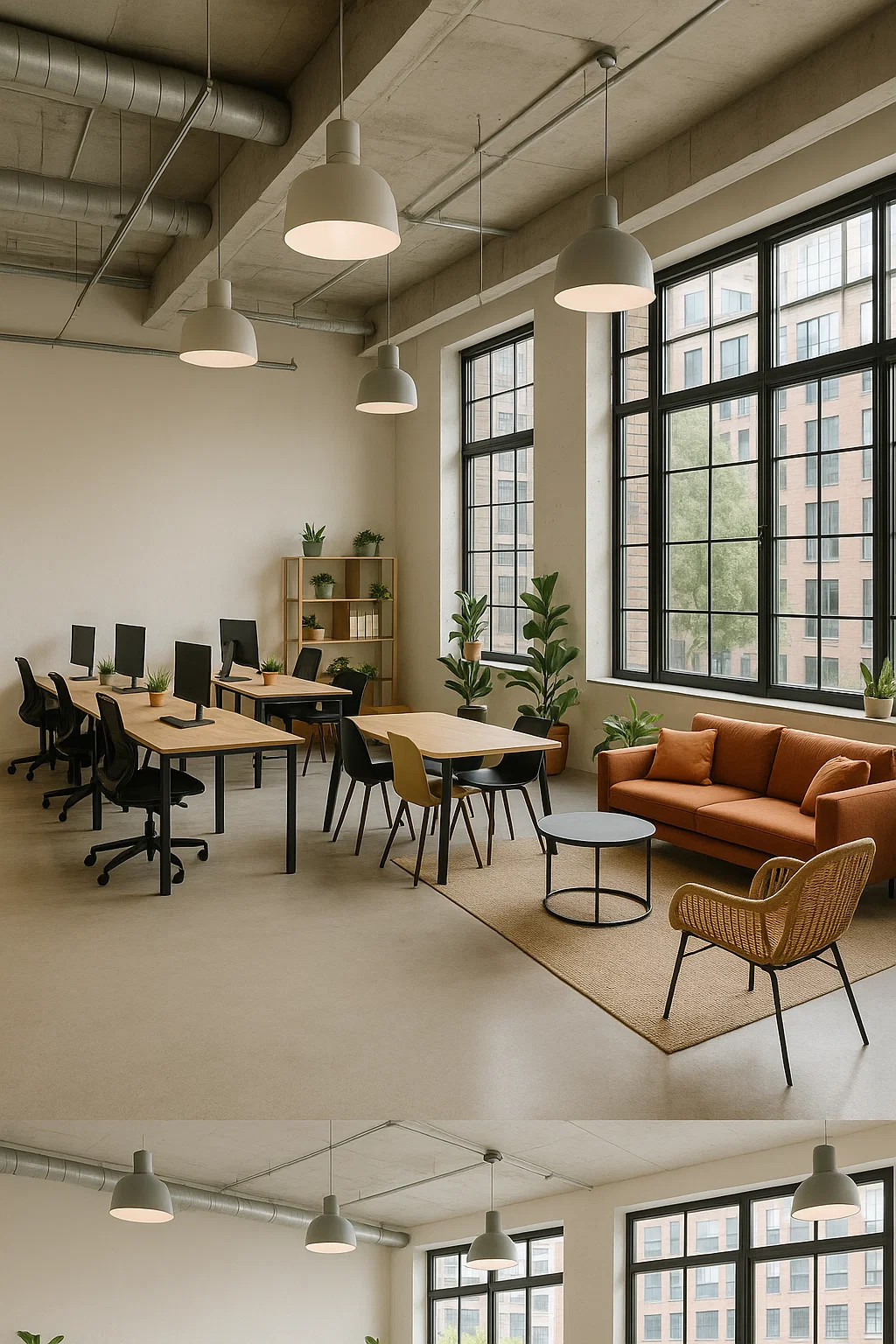 Lys og moderne kontorindretning i et dansk erhvervslejemål med åbent kontorområde, sofaområde, grønne planter og store vinduer med udsigt til bymiljø.