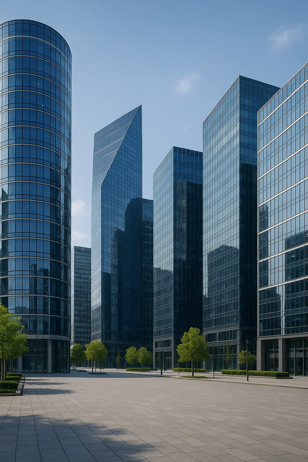 Højhuse med glasfacader i et moderne erhvervsområde med åbne pladser og grønne træer under blå himmel